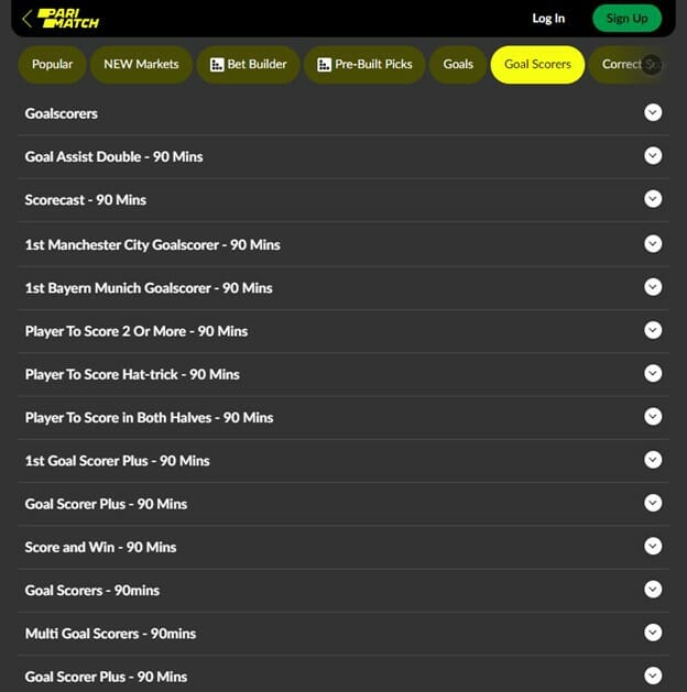 Parimatch Goalscorer Markets Screenshot