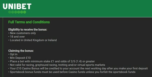 Unibet General Terms and Conditions Screenshot