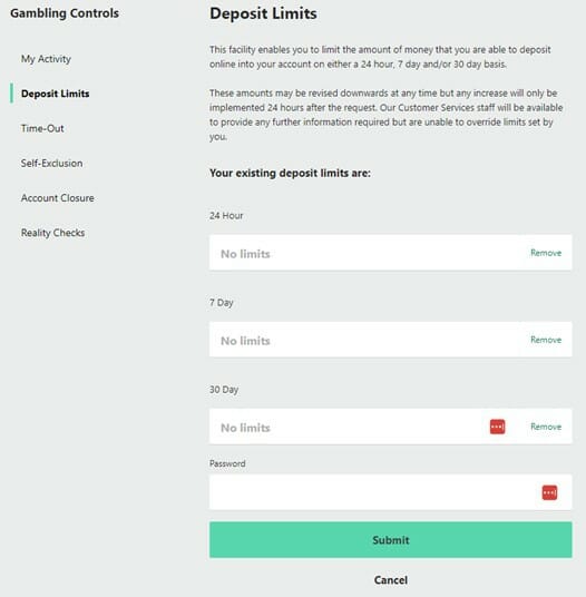 bet365 Deposit Limits Screenshot