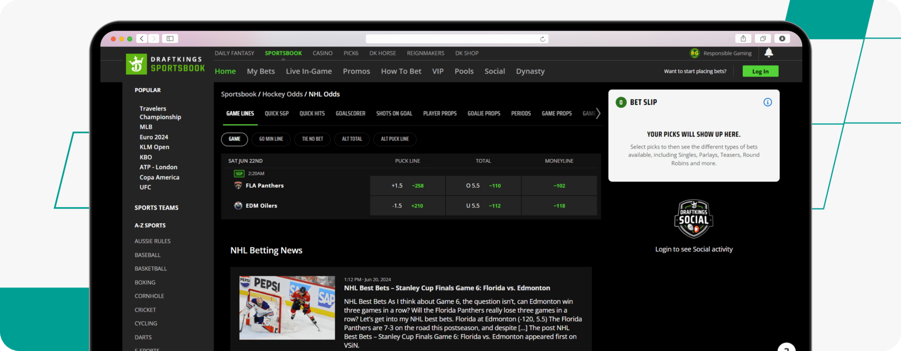 draftkings hockey desktop screenshot