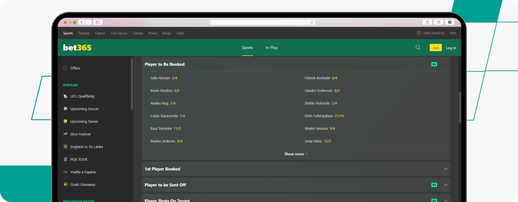 screenshot showing bet365 player to be carded odds