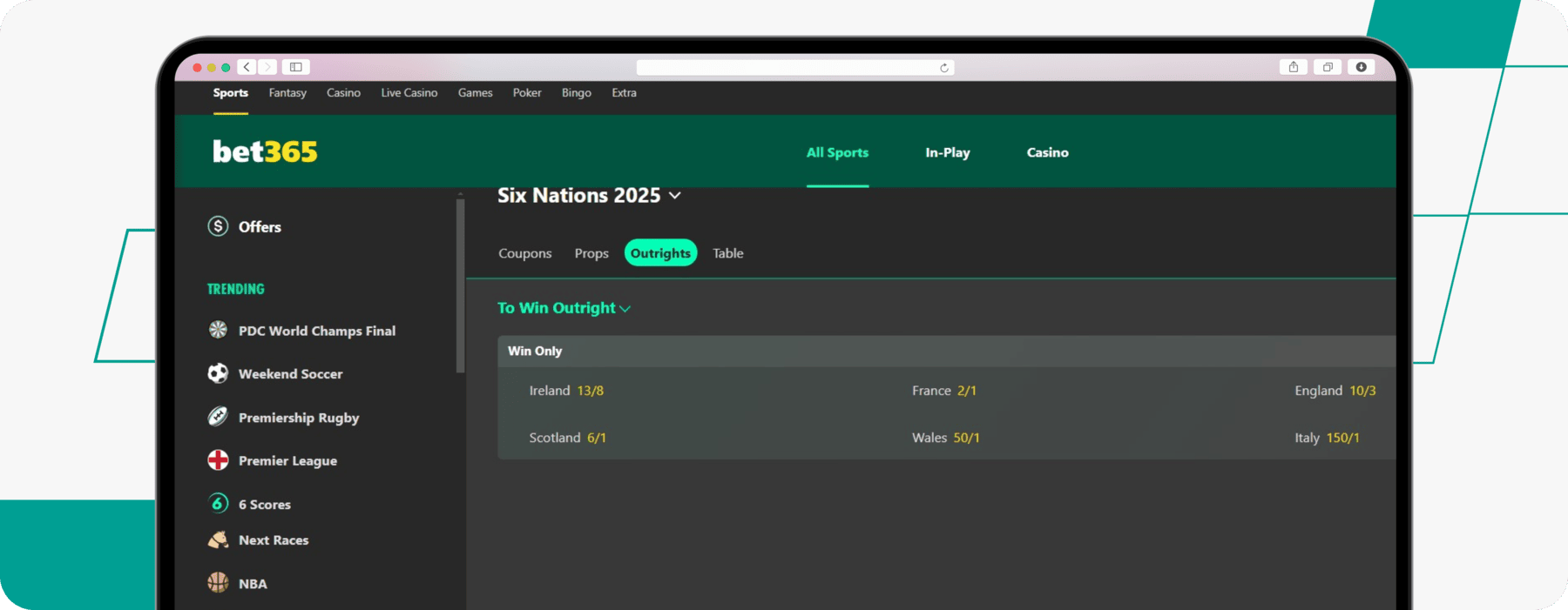 screenshot of bet365's rugby six nations odds