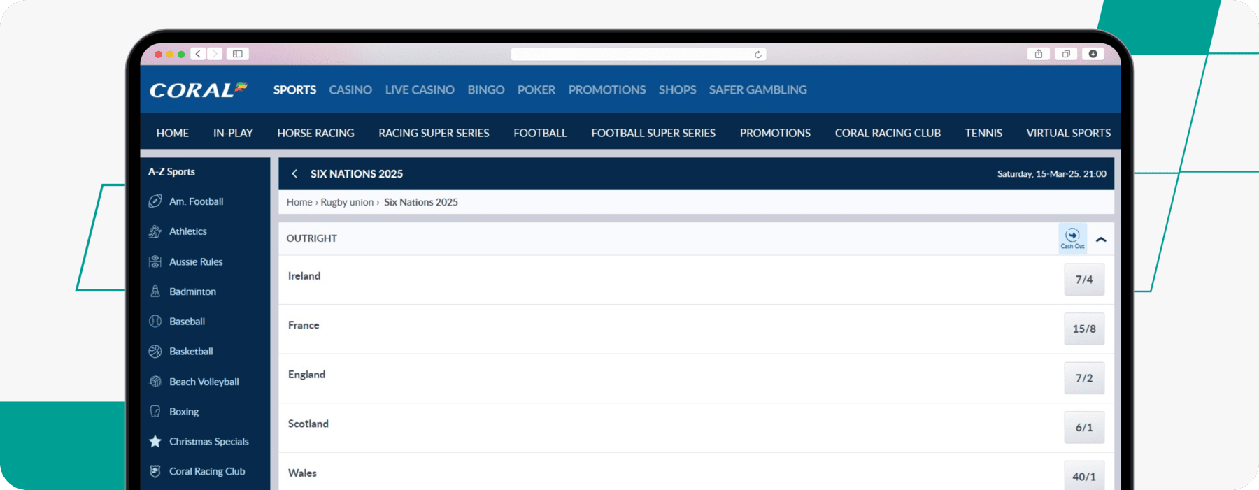 screenshot of coral's rugby six nations odds